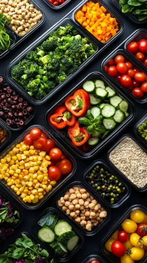 Several colorful meal prep containers arranged on a table to showcase variety.